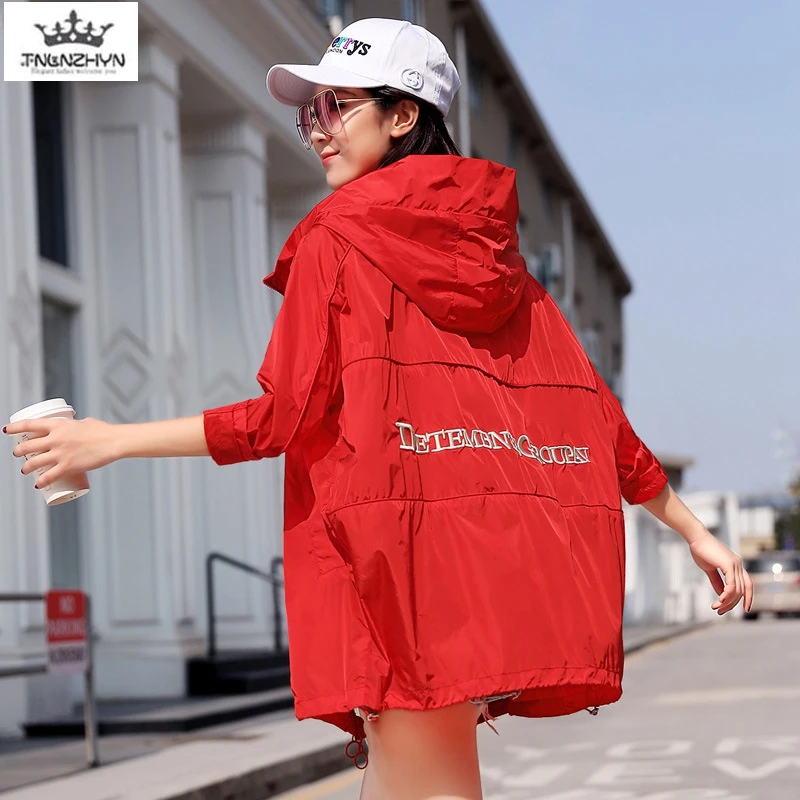 

2019 Summer New Fashion Jacket Women Large size Embroidere Sun protection clothing Women Loose hooded thin letter coat A87