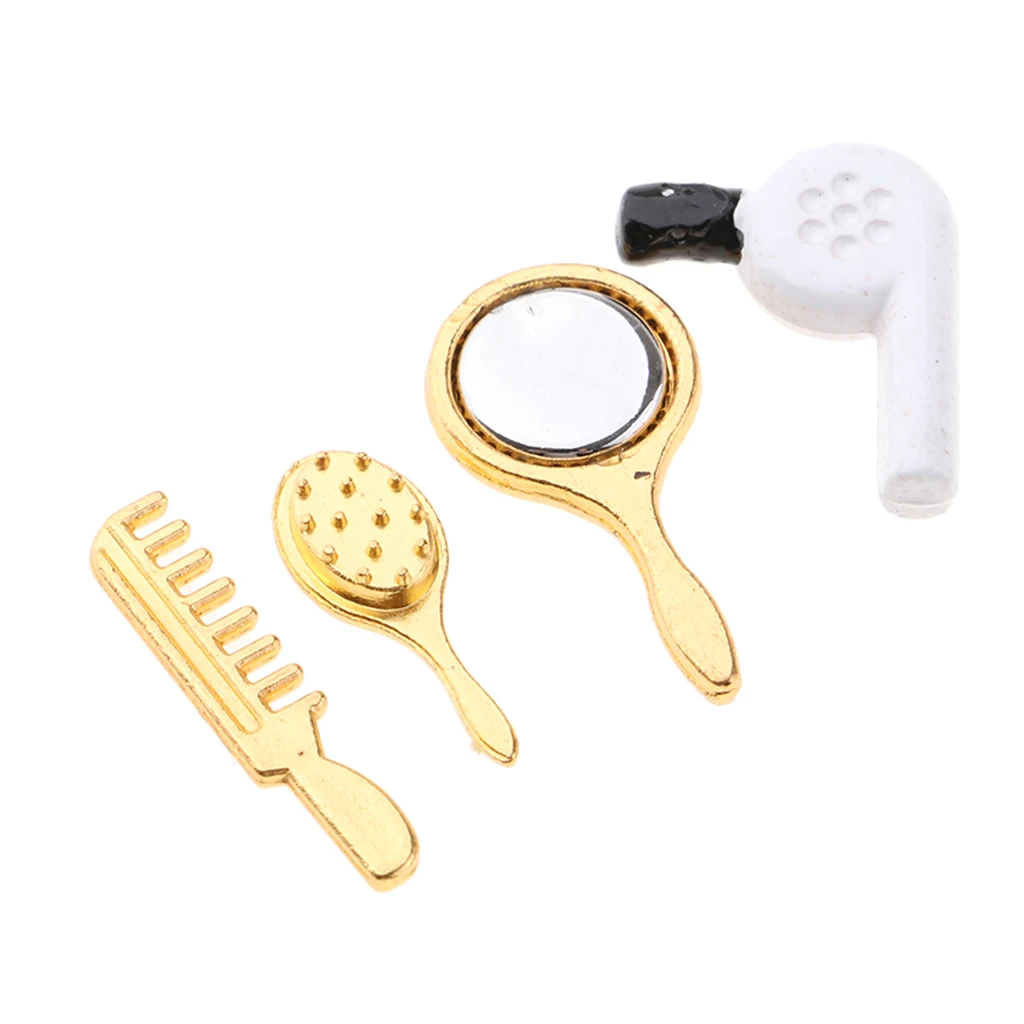 4 pcs Bathroom Accessory Comb Hair Dryer Mirror Model for 1/12 Dollhouse Miniature Practical Set Model Kids Pretend Play Toys