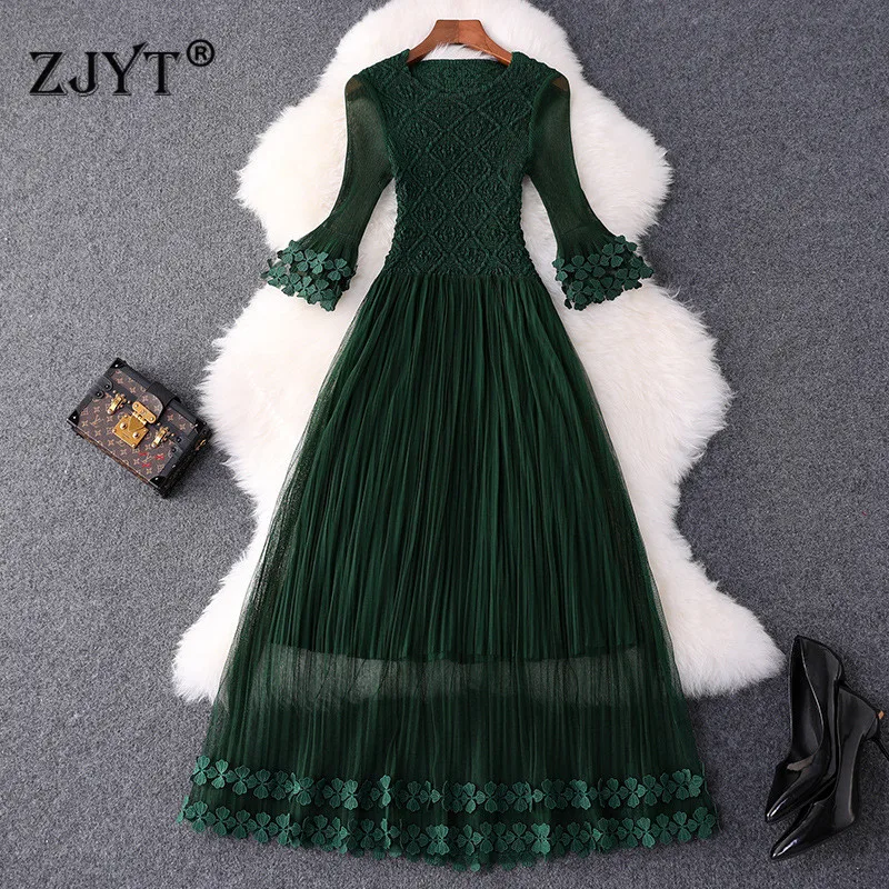 New Designer Autumn Dress Women Fashion Three Quarter Sleeve Embroidery Mid Calf Sexy Fit and Flare Tulle Dresses Vestidos