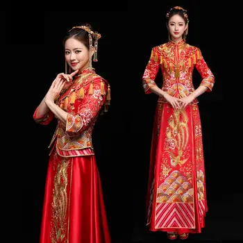 

Novelty Gold Tassels Women Wedding Cheongsam Suit Vintage Royal Bride Marriage Dress Toast Clothes Embroidery Phoenix Qipao