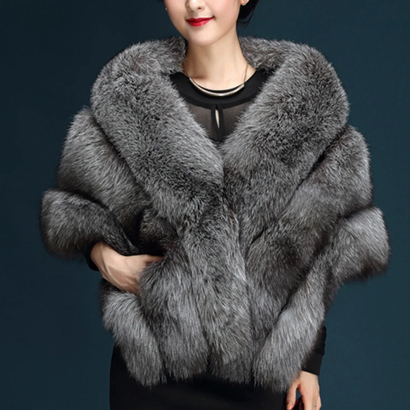 JaneVini 145*40cm Women Faux Fur Bolero Winter Wedding Wraps Bridal Capes Black White Shawl Stole Cloak Bolero Hochzeit