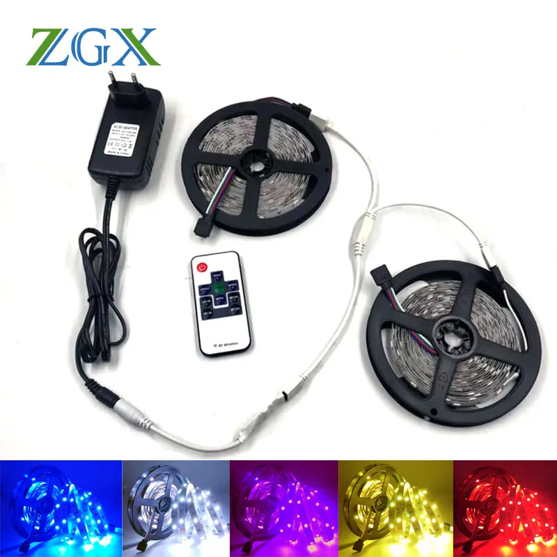 ZGX RF Controller 5050 RGB LED Strip Light Wireless Decor Tira Tape Lamp Neon Lights Waterproof Diode Ribbon 12V Adapter Set