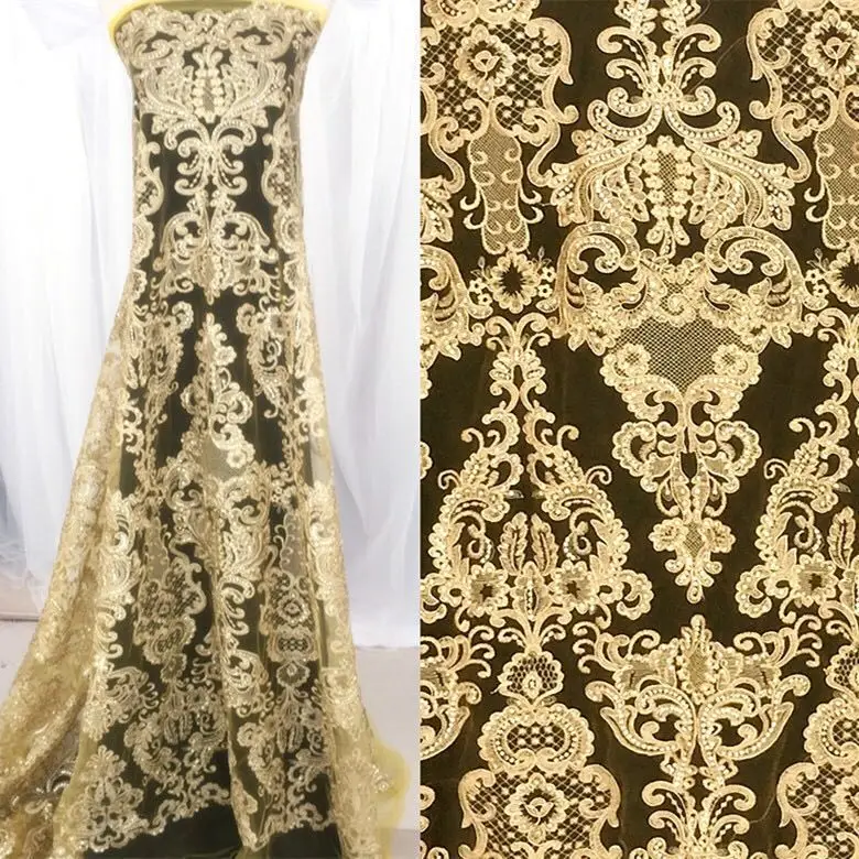 

Off white/gold/black/red code line with sequins on mesh embroidery Lace guipure french lace wedding dress lace fabric By yard