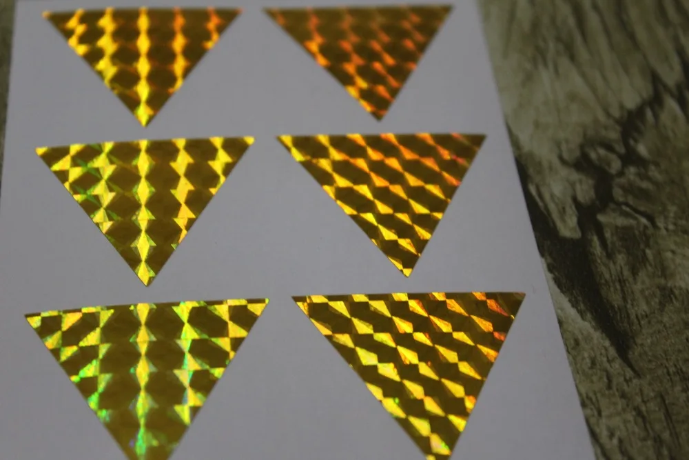 3.8x3.3cm gold hologram triangle sticker, vinyl label, holographic