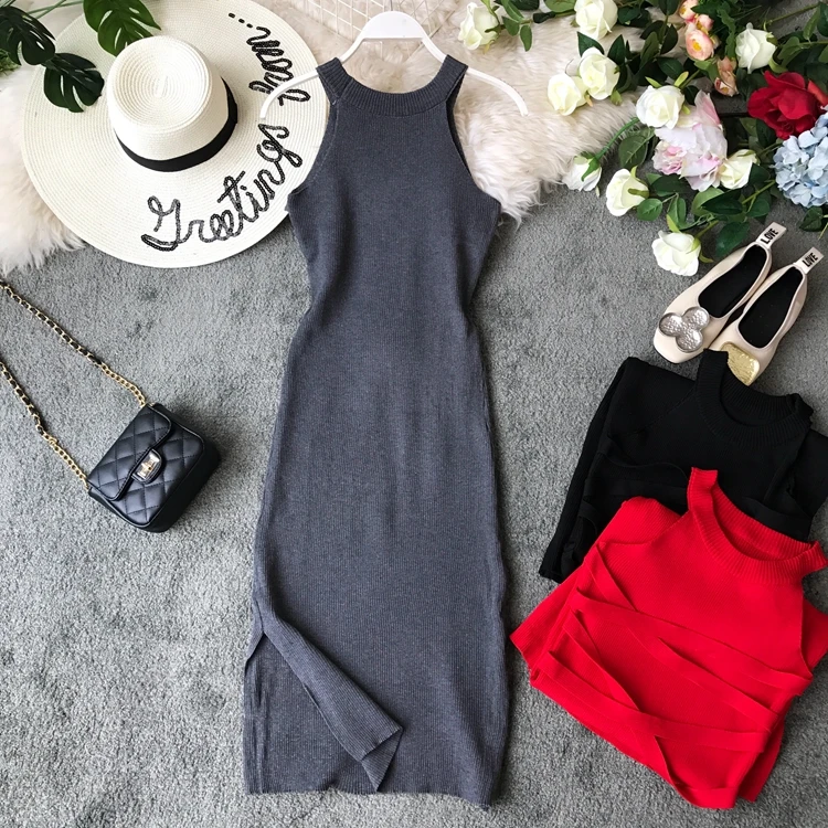 YornMona Korean Style Women Bandage Bodycon Dress Summer Split Knitted Party Dresses Elegant Halter Ladies Long Maxi Dres