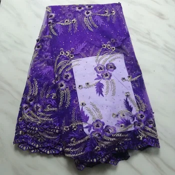 

Gold And Purple African Lace Fabric Nigerian Evening Dresses Sewing Fabrics 2019 High Quality Rhinestones Beads Mesh For Wedding