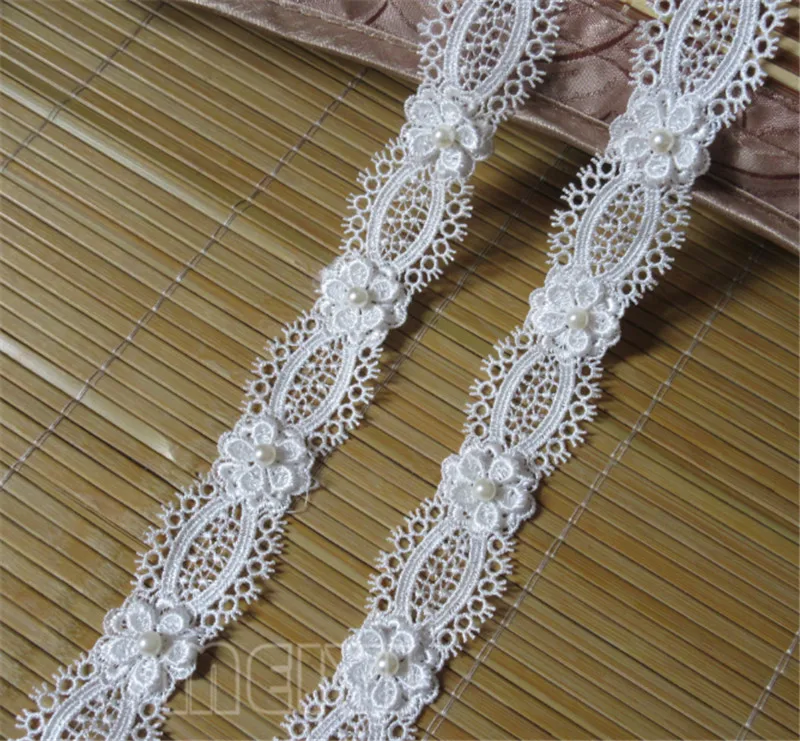 

2 yards Soluble Polyester Pearl Flower Embroidered Fabric Lace Trim Ribbon Handmade DIY Sewing Craft For Costume Hat Decoration