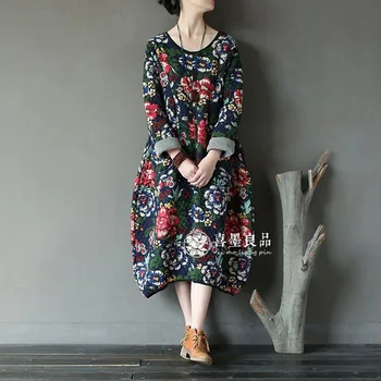 

Women Speing Autumn Dress 2017 Cotton Linen Plus Size Long Sleeve Dress Ladies Plus Size Vintage Dress