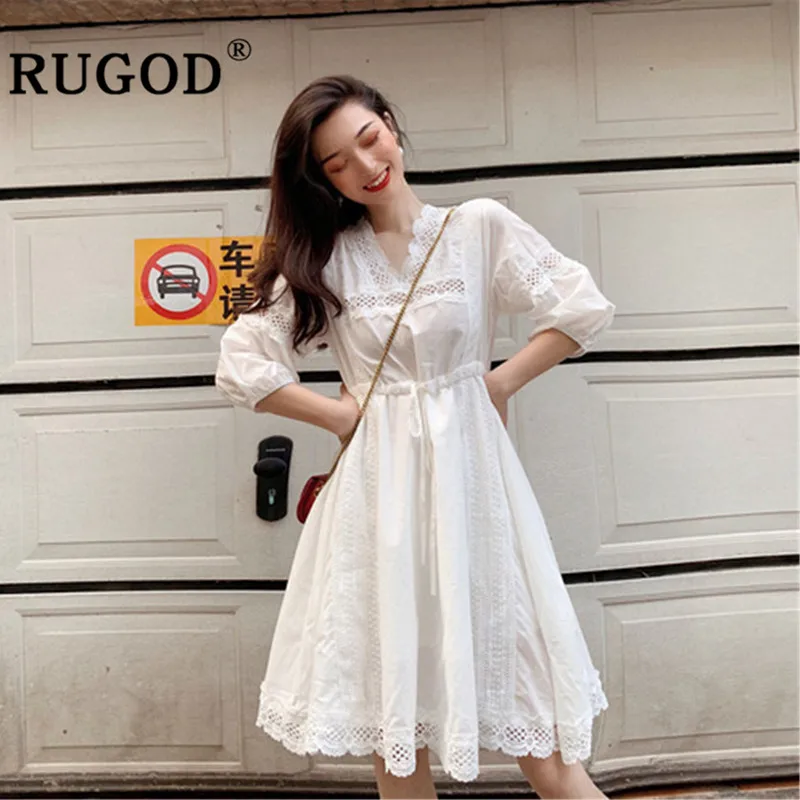

RUGOD Vintage hollow out summer women dress Elegant lace patchwork lace up ladies dresses vestidos Fashion Ruffles party dresses