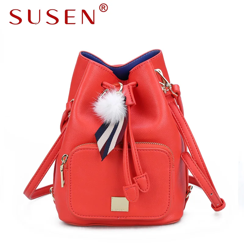 

SUSEN 1205 women bucket bag cross body bag Drawstring closure solid color bag adjustable strap shoulder bag