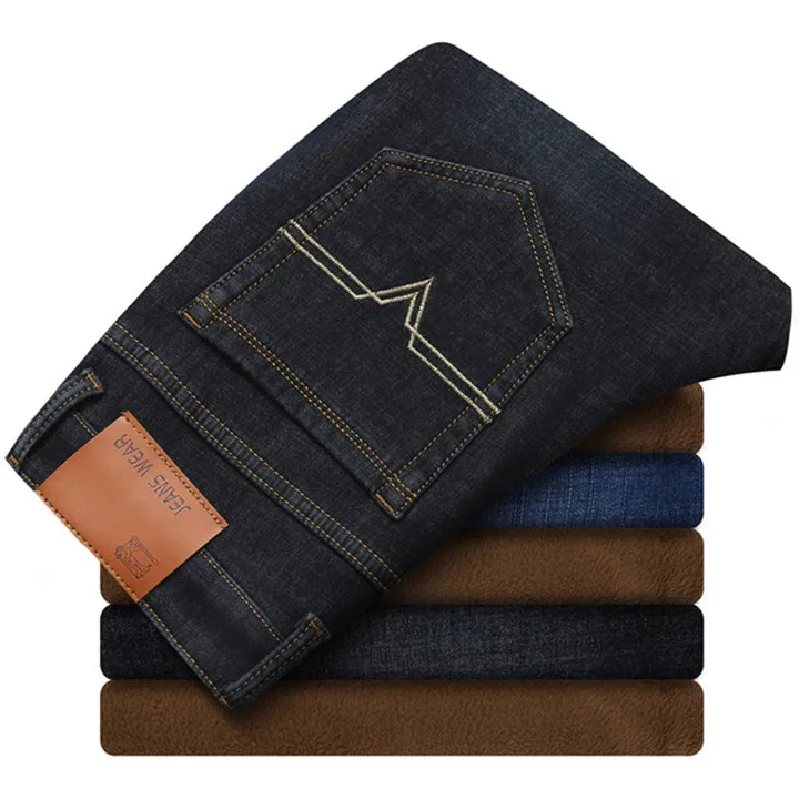 Зимняя брендовая одежда мужские джинсы деловые, casual бархатные утепленные штаны с рисунком из мультфильмов больших размеров, эластичные, обтягивающие, модные джинсы цвет синий, черный; Большие размеры 34–43 - Цвет: black