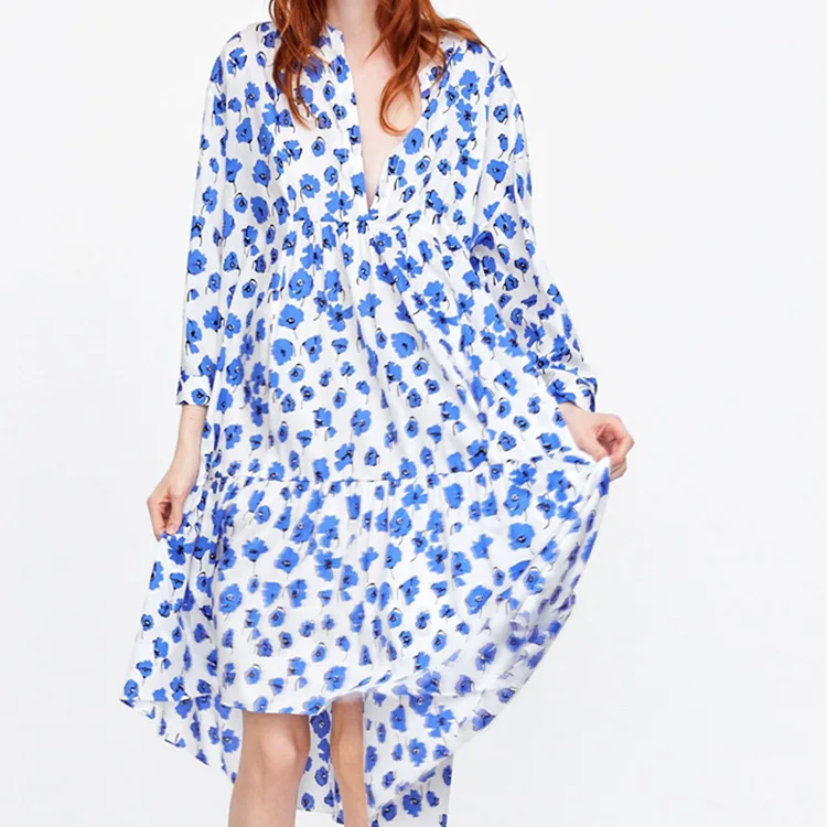 

Party Dress Floral Print V-neck A-Line Knee-Length Empire Casual Loose Long Sleeve Dress 2019 New Women Midi Dress Blue