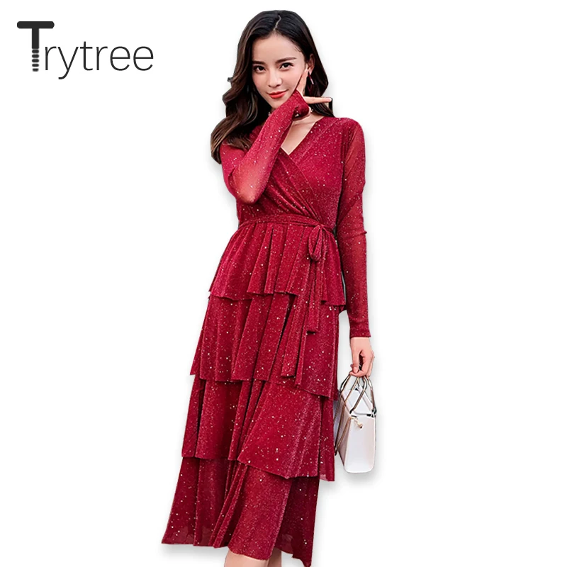 

Trytree Spring Summer Dress Women Cupcake A-line Dress Polyester Shining Solid Full Sleeve Mid-Calf V-Neck Dress Empire Dress
