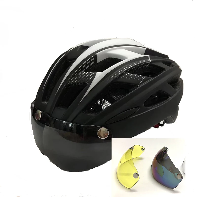 Szelyia Велоспорт шлем линзы солнцезащитные очки козырек велосипедный шлем da bicicleta bici Mtb велосипедный шлем 57-61 см - Цвет: blk in 3lens