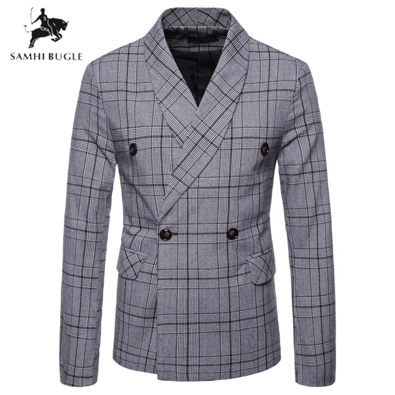 Blazer for Men 2019 British gentleman style men blazer suit Double-breasted Plaid Grey blazer men lapel wedding blazer men