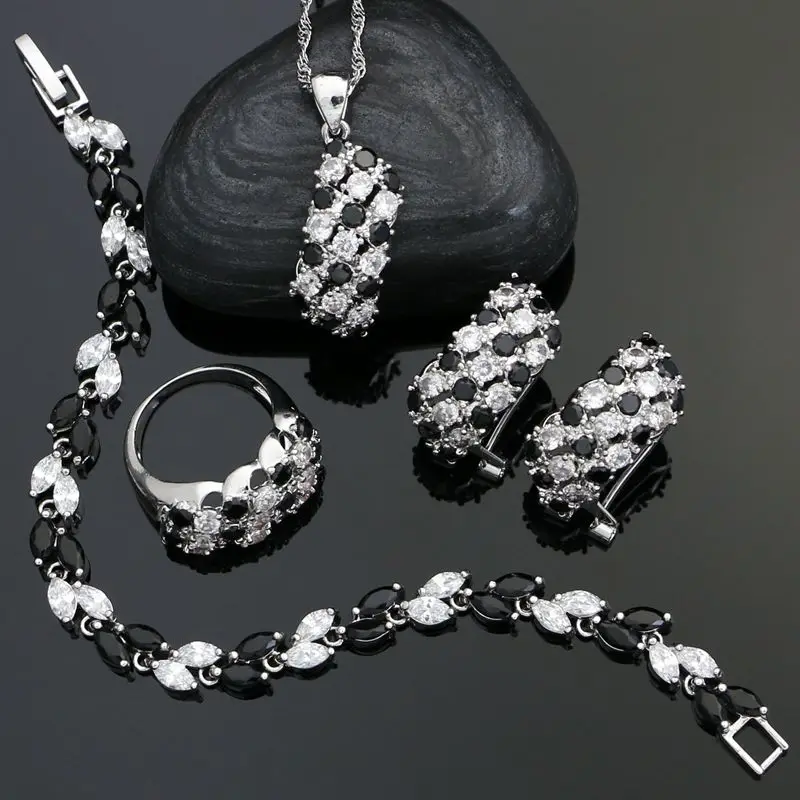 925 Silver Punk Jewelry Sets For Women Party Decoration White Black