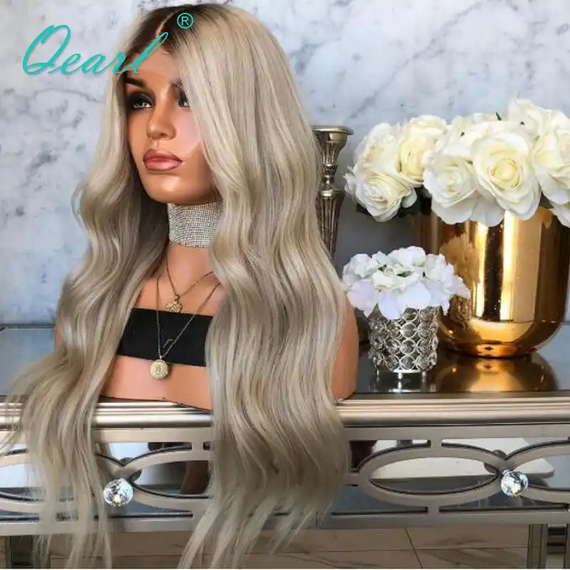 Human Hair Full Lace Wigs Ombre Ash Blonde Grey With Dark Roots