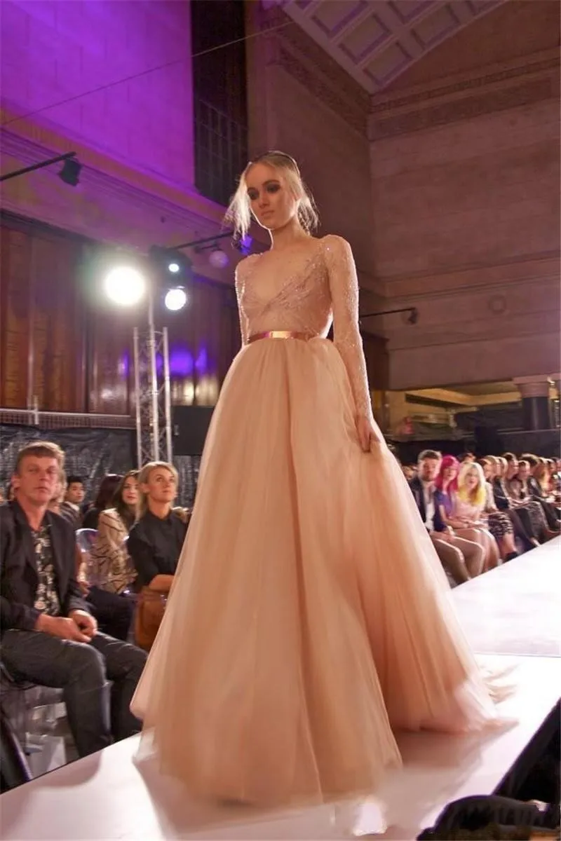 Elie Saab Prom Dresses 2015 V Neck Lace Appliques long sleeve evening dress Chapel Train Zipper Back Tulle Wedding Party Dresses Cheap (1)_conew1