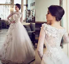 Hot sale Long A-line vestidos de novias A-line Bridal Gowns wedding Dresses 2015 Long Sleeve Flower Lace applique Wedding Dress a line long sleeve long dress