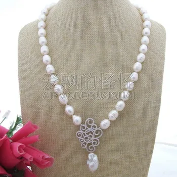 

N112012 24'' 15x25MM White Keshi Pearl Necklace CZ Pendant