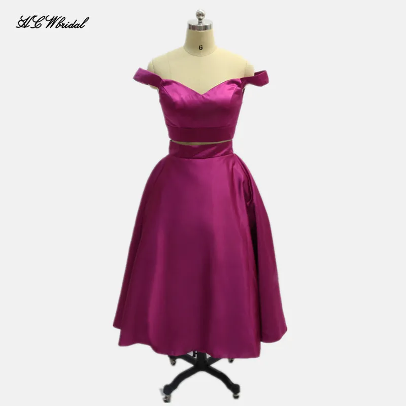 

Purple Short 2 Piece Prom Dresses Boat Neck Cap Sleeve Tea Length Custom Made Puffy Satin Evening Gowns 2019 Vestido Longo Cheap