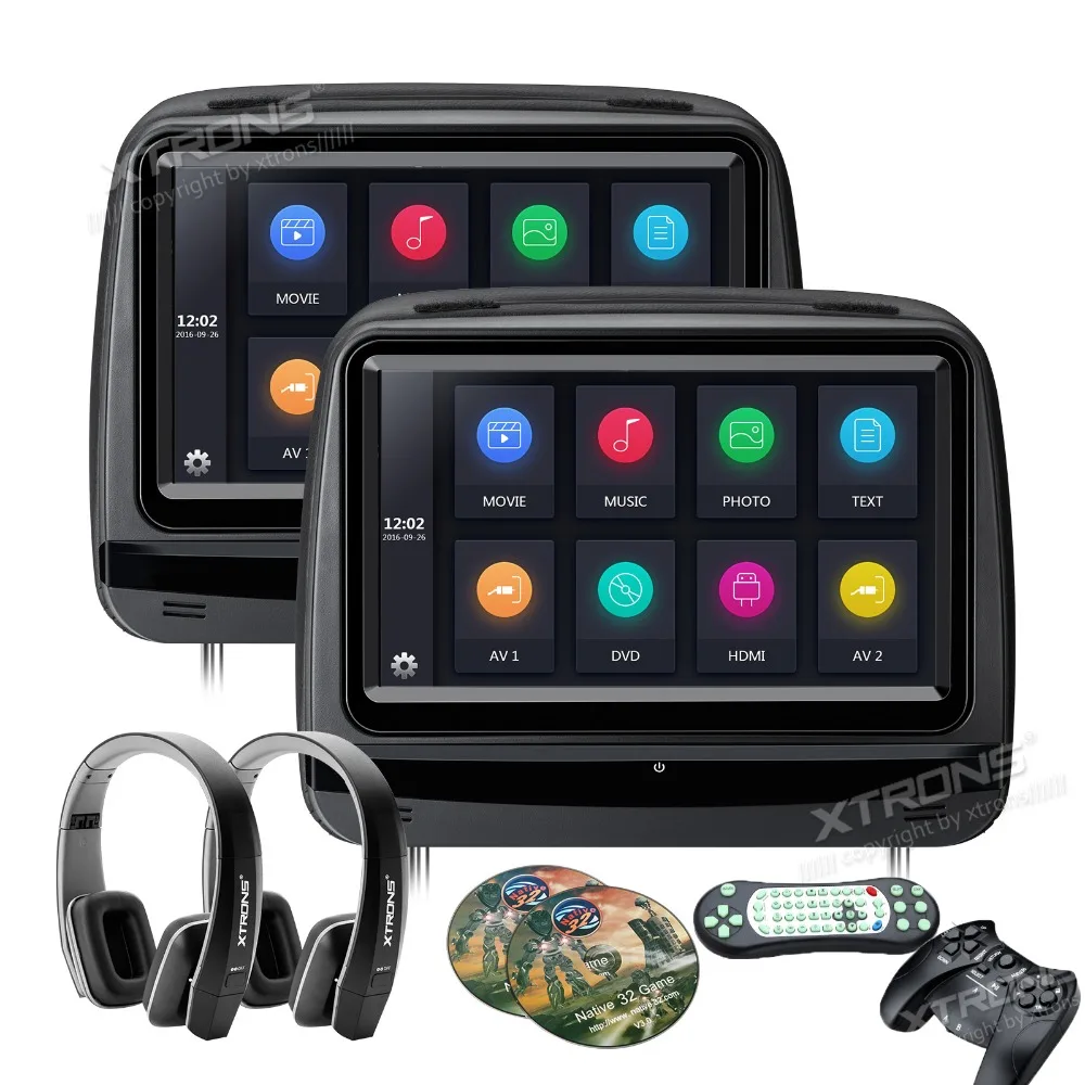 

XTRONS 2pcs 9 inch Monitor Car Headrest DVD Player 1080P Video HD Digital Touch Screen Leather Cover /HDMI USB SD+IR headphones