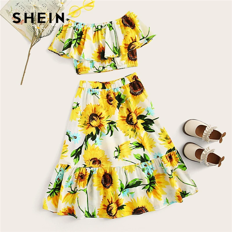 

SHEIN Kiddie Girls Off Shoulder Floral Print Crop Top And Ruffle Skirt Boho Set 2019 Summer Holiday Kids Cute Two Piece Sets