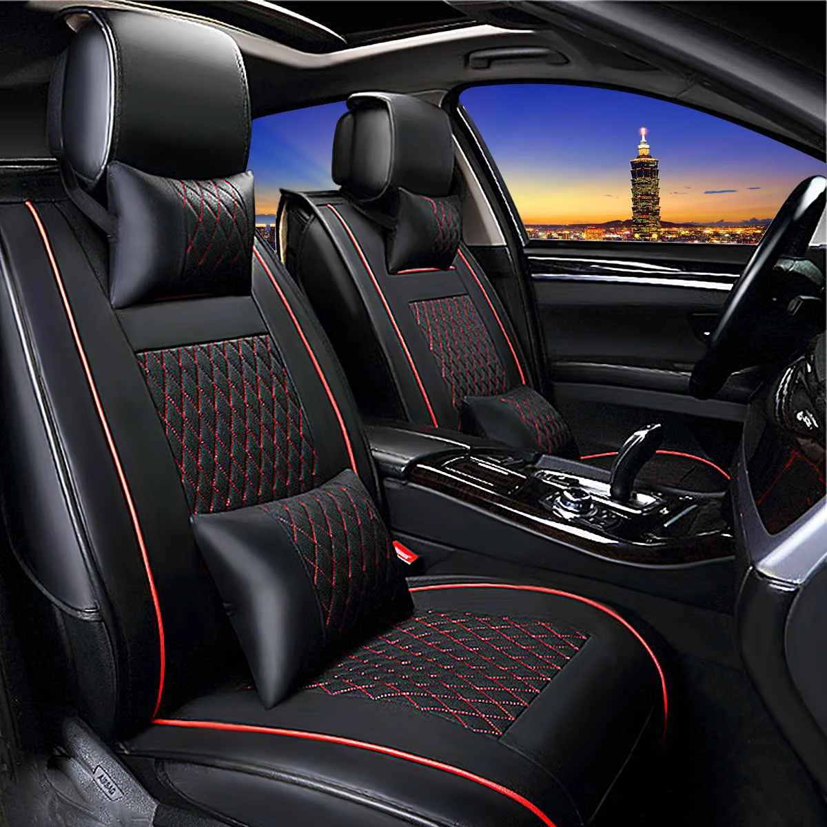 

Audew 7Pcs Black+Red Poly Urethane Front + Rear Car Cushion Pad Headrest Lumbar Pillows Set For Car Auto Interior Accessories