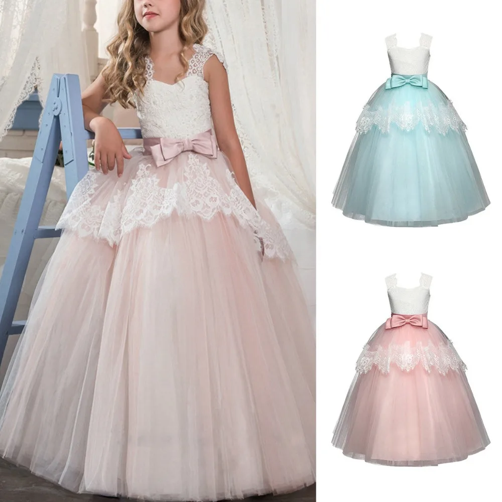 Торжественные детские кружевные платья принцессы, Платья с цветочным узором для девочек на свадьбу, розовая лента, танцевальные платья для