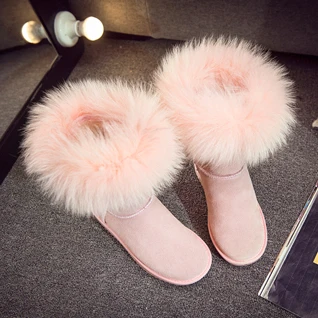 Модные стильные высокие зимние женские сапоги с натуральным лисьим мехом; botas; зимняя обувь из натуральной кожи; высокие сапоги; высокое качество - Цвет: pink