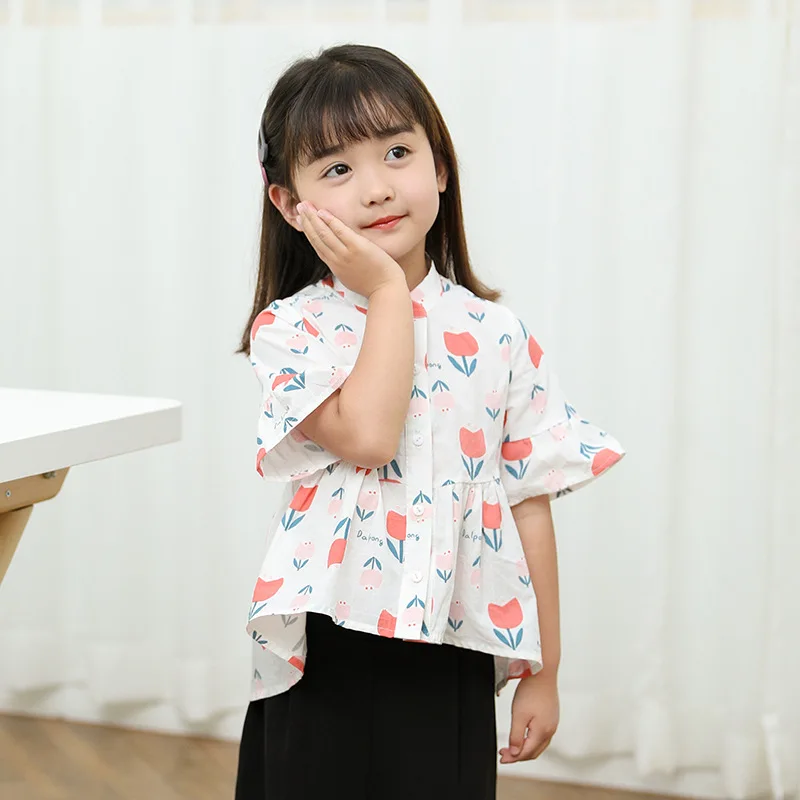 Girl Shirt Summer Cute Style Flower Printed Pleated Sleeve Baby Girls