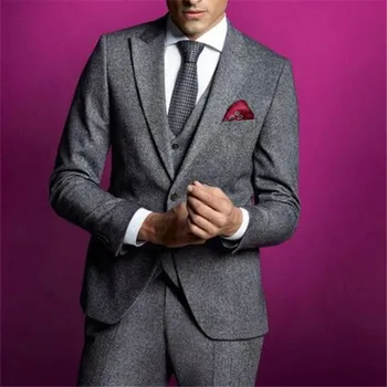 Skup 2019 Najnowsze Wzory Płaszcz Pant Szary Tweed Mężczyzn Klasyczny Garnitur Slim Fit Męskie Blazer Masculino Na Zamówienie Smokingu 3 Kawałek Kurtka Garnitury