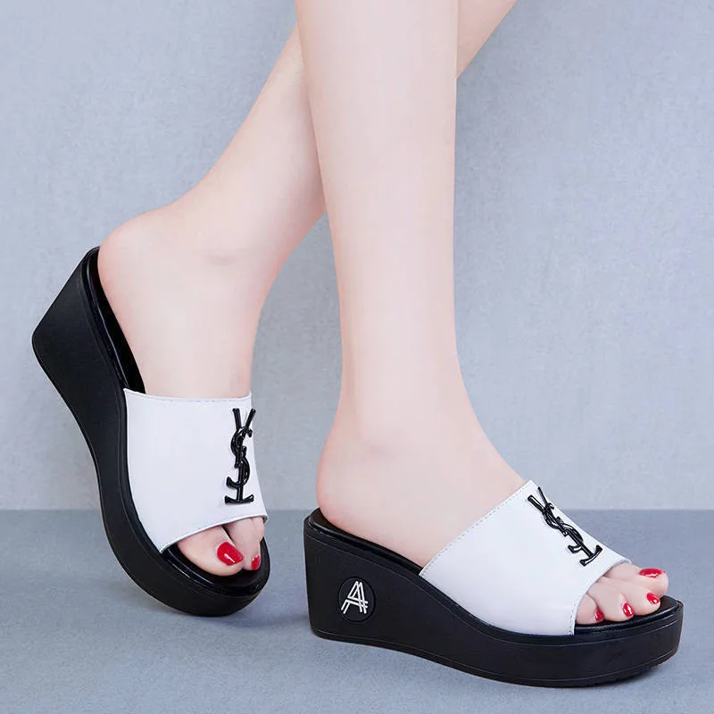 

shoes woman slippers pantuflas platform outside summer black white leisure footwear open toe wedges shoes slides sapato feminino