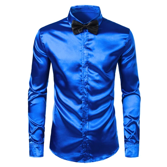 Men's Royal Blue Silk Satin Dress Shirts with White Bowtie New Slim Fit Long Sleeve Men Tuxedo Shirt for Party Wedding 3XL - Цвет: 2