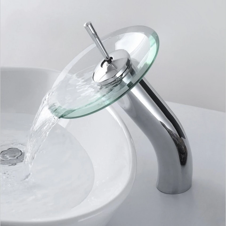 Bathroom circle  waterfall Faucet Chrome Finish Basin Sink Faucet Mixer Tap Waterfall Faucet . Bathroom sink glass Mixer Tap