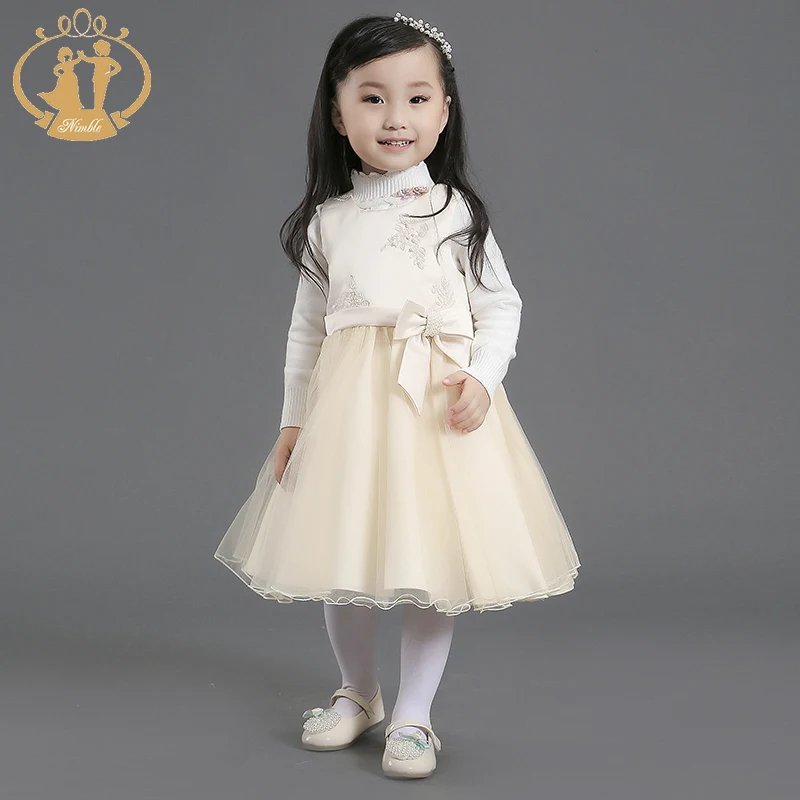 Nimble Elegant Sleeveless tea length Appliques Flowers Autumn Winter Girls Dress satin organza Baby Dress for