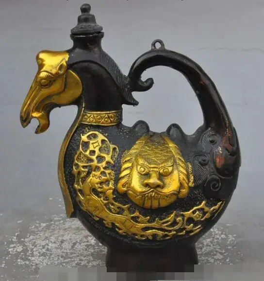 

S3906 marked tibetan bronze gilt horsehead face beast statue Wine TeaPot Flagon discount 30% (C0324)