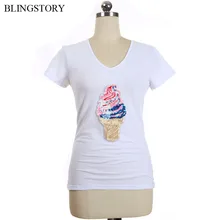 BLINGSTORY Для женщин блесток V воротник с коротким рукавом Большие размеры XXXXXXL хлопковая футболка Топы LP52002A