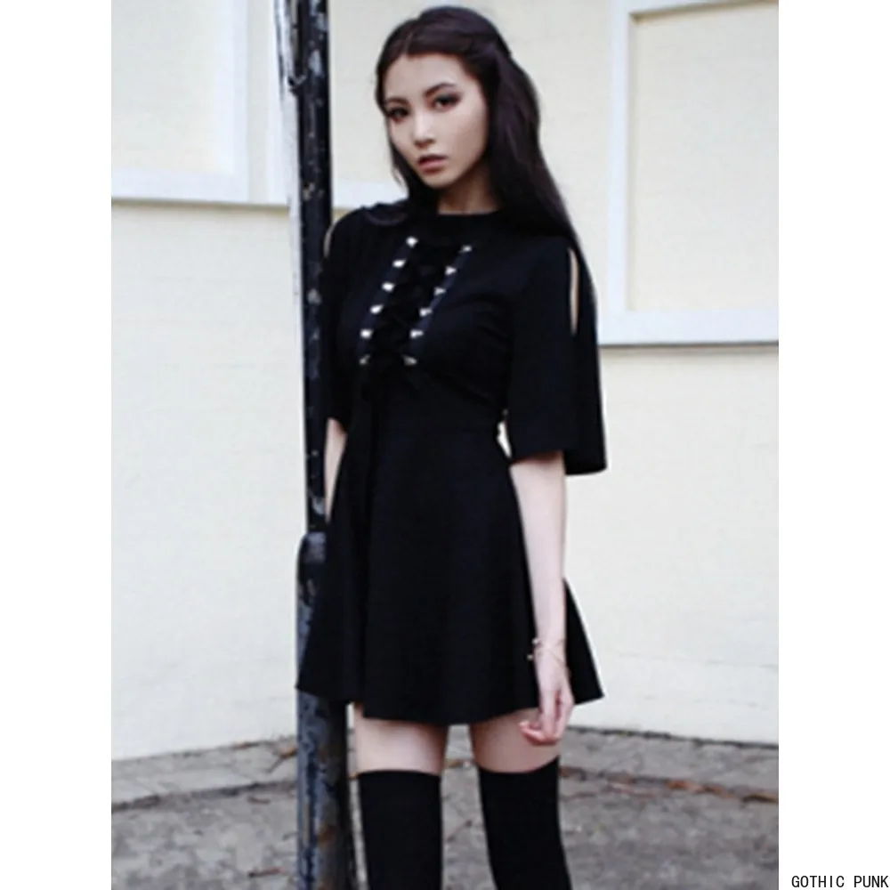 

Liser Gothic Women Mini Dresses Sexy Club Aline High Waist Dress Plain Black Mesh Hollow Club Party Mini Dresses