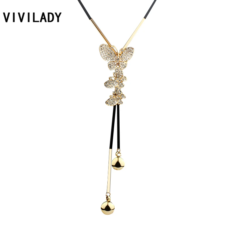 

VIVILADY New Lovely Crystal Butterfly Long Chain Necklaces Women Handmade Tassels Gold Color Beads Fashion Jewelry Bijoux Gifts