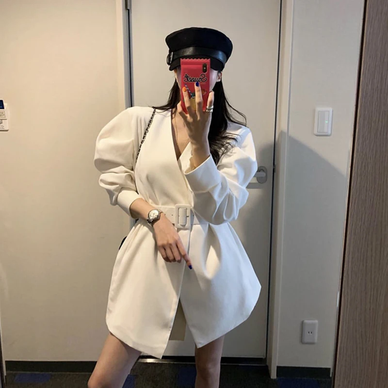 

Z-ZOUX Woman Coat V-Neck Lantern Sleeve Belt White Suit Women Lantern Sleeve White Wild Casual Long Blazer Women 2019 Fashion
