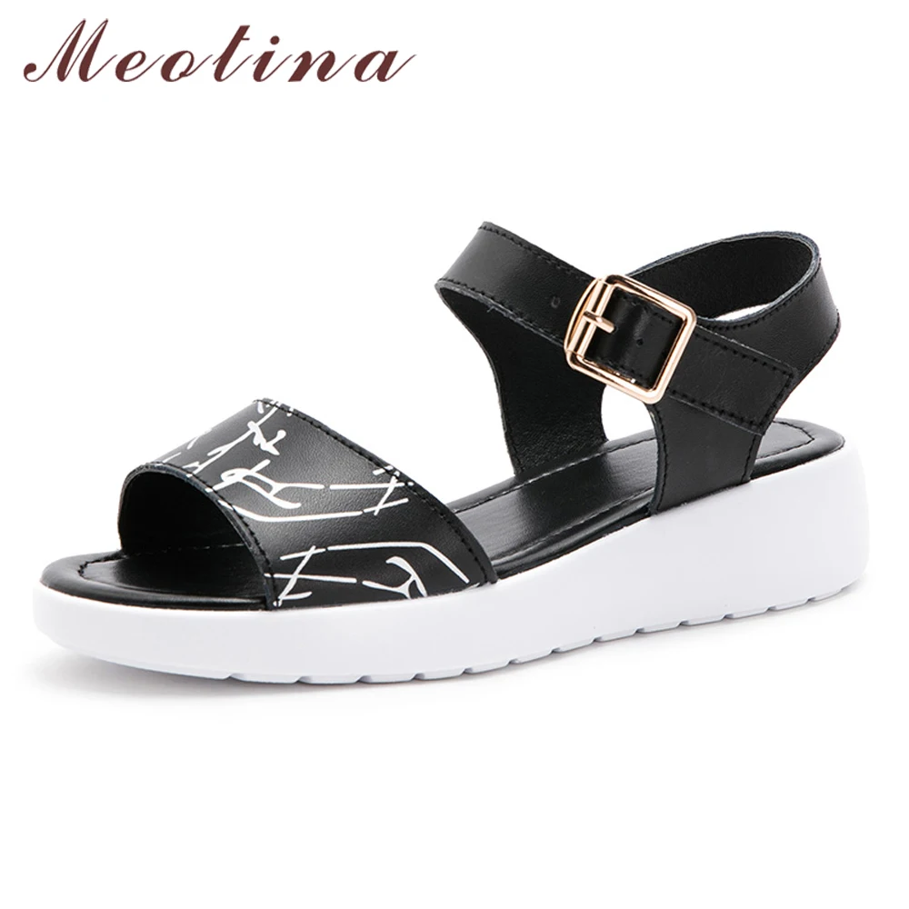 

Meotina Women Shoes Summer Sandals Cow Leather Buckle Flat Platform Shoes Open Toe Casual Sandals Ladies Purple White Size 35-40