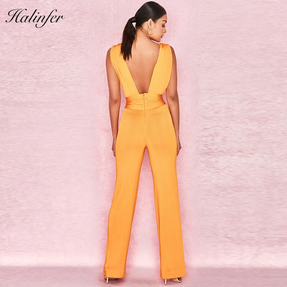 Halinfer 2018 Summer new style European and American fashion sleeveless orange bandage pants tight elastic package long pants Dresses