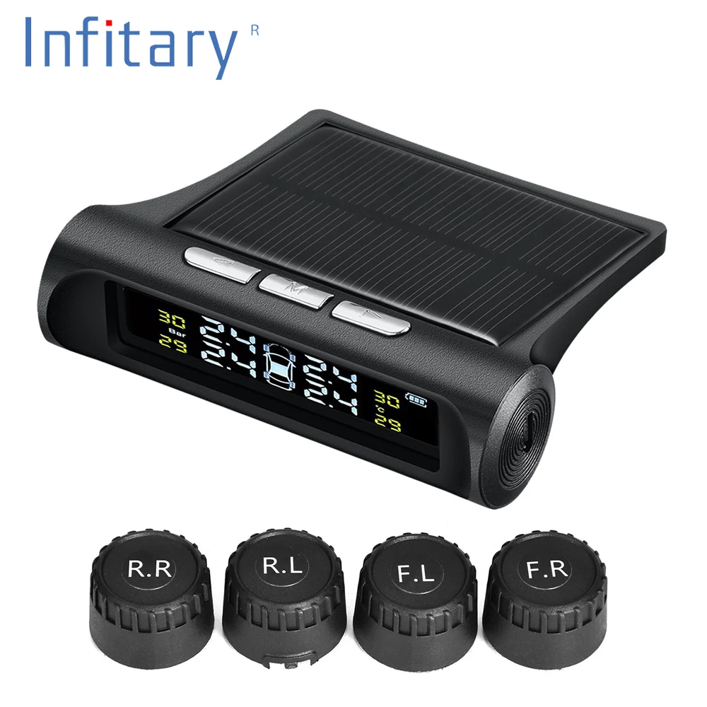 

Car TPMS Tire Pressure Monitoring System Intelligent Solar Power Wireless LED Display 4 External Sensor with gift car charger
