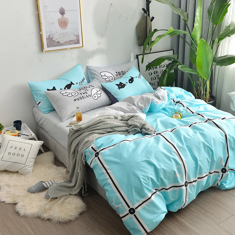 Blue Plaid Bedding Duvet Cover Grey Bed Sheet Bedding Sets Queen Size