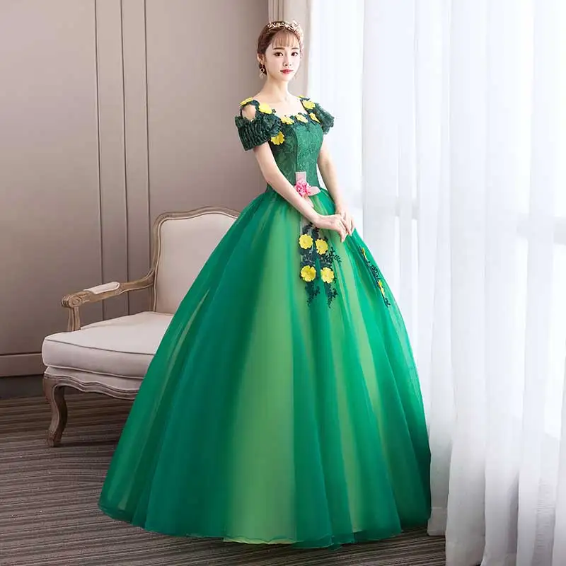 

free ship green flowers fairy garden ball gown medieval dress Renaissance queen Victorian cosplay ball gown Belle Ball