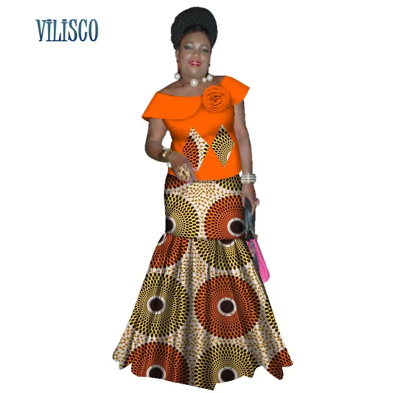 Bazin Riche, африканские топы с оборками и рукавами и юбки, комплекты для женщин, традиционный Африканский принт, 2 шт., комплекты юбок, одежда WY3059 - Цвет: 5