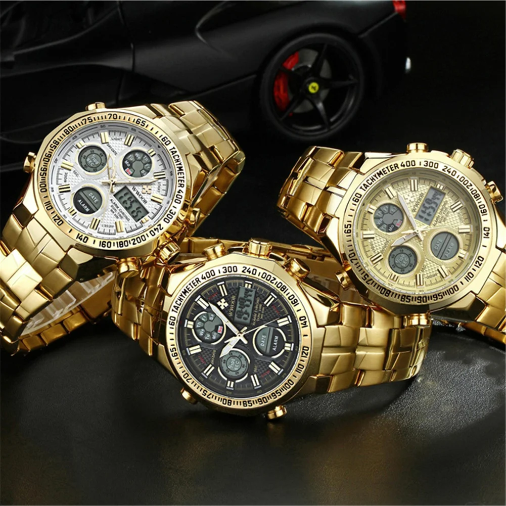 Новый бренд WWOOR часы Для мужчин сигнализации роскошь хронограф часы Сталь светодио дный Дисплей военные часы мужской световой