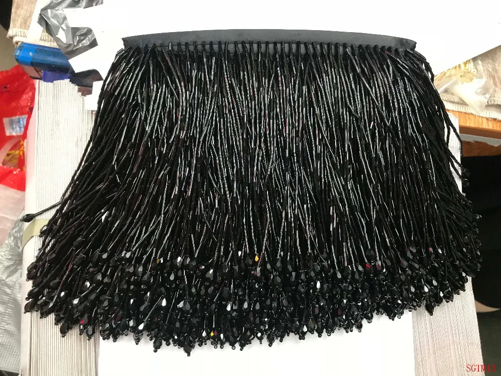 

BLACK Handmade 15cm wide beaded fringe trimming,5yard, about 270 beads threads/yard SGTM13