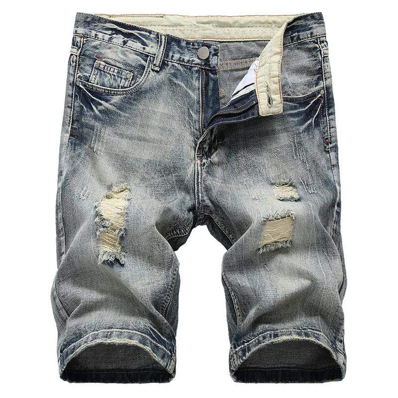 Men's New Washed Straight Jeans Shorts Casual Denim Hole Vintage Ripped